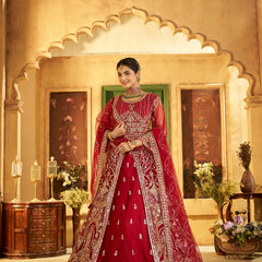 Maroon Sindoor Satin Embroidered Lehenga Set for Women