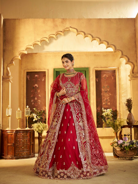 Maroon Sindoor Satin Embroidered Lehenga Set for Women