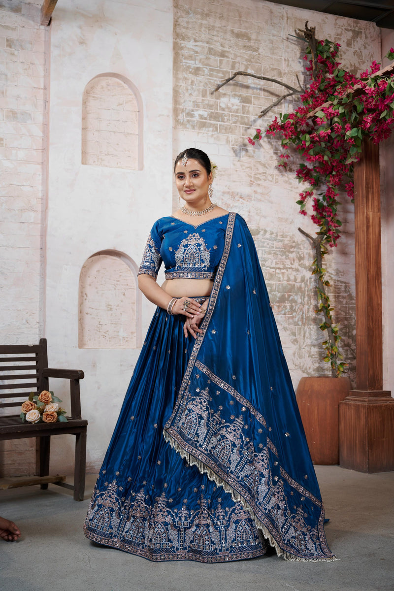 Teal Blue HO Silk Embroidered Elegant Lehenga Choli