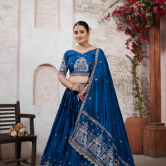 Teal Blue HO Silk Embroidered Elegant Lehenga Choli