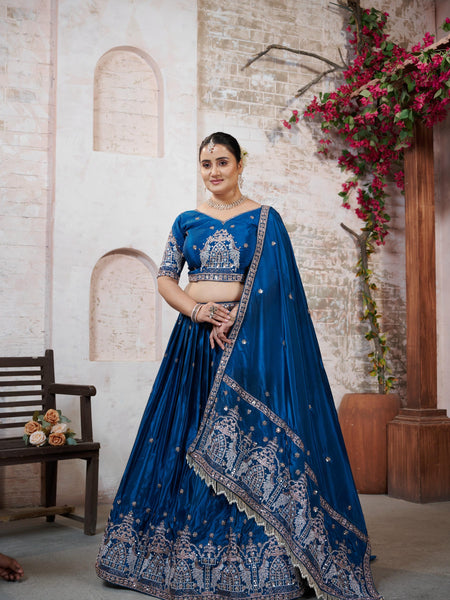 Teal Blue HO Silk Embroidered Elegant Lehenga Choli
