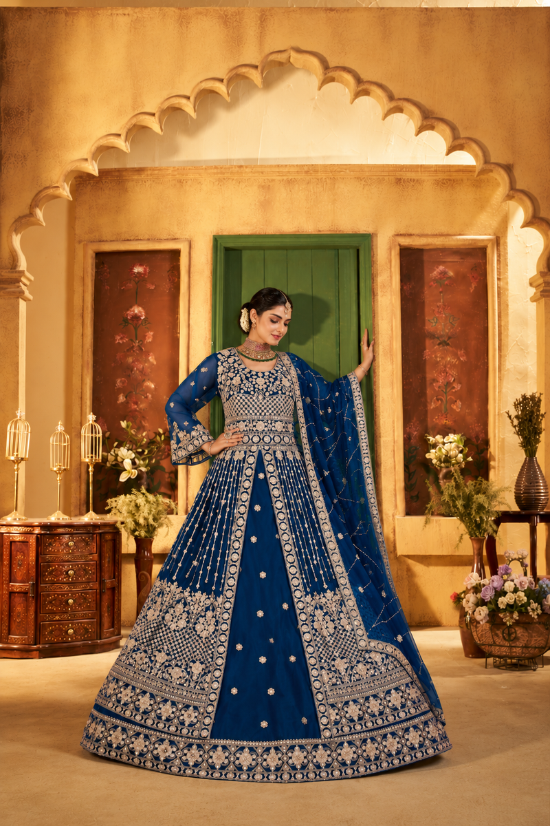 Green Festive Satin Embroidered Lehenga Set