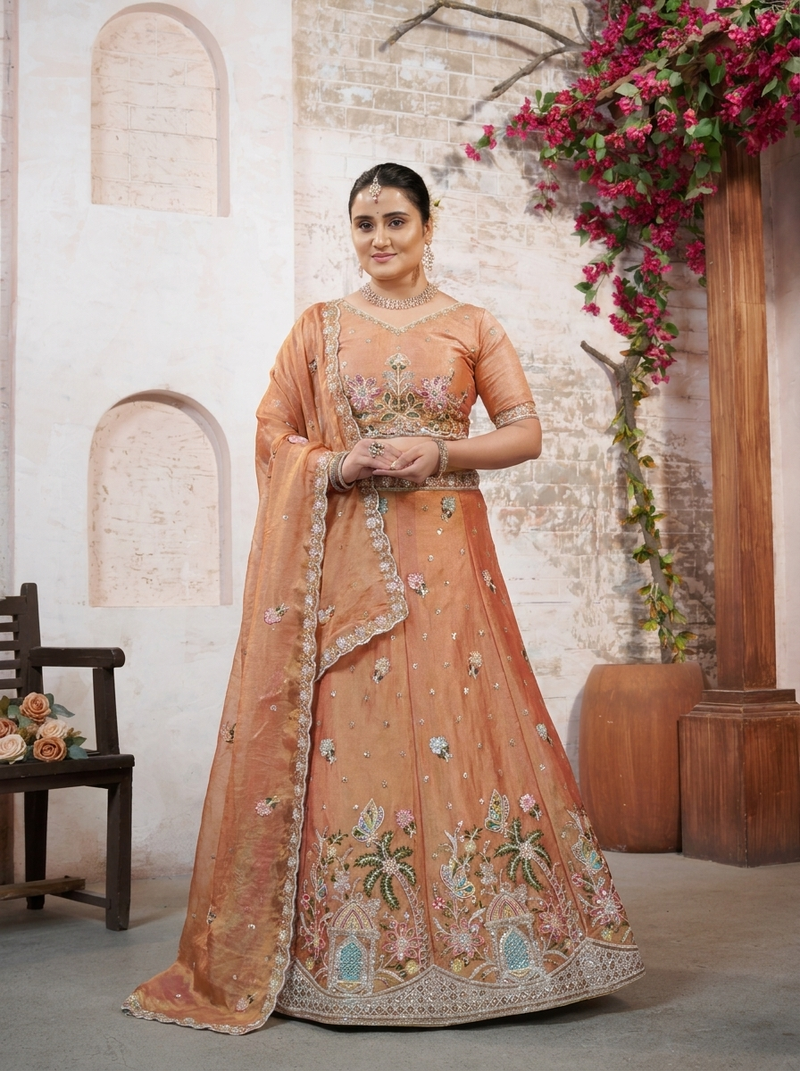 Golden Moss Silk Traditional Embroidered Lehenga