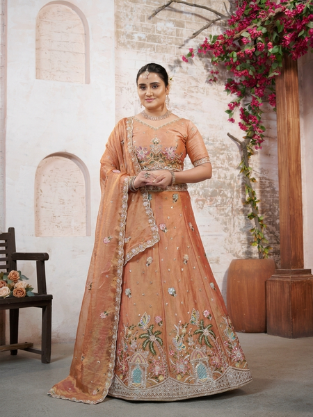 Golden Moss Silk Traditional Embroidered Lehenga