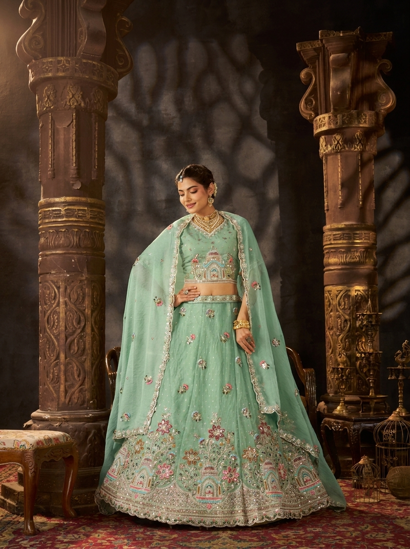 Peach Festive Moss Butti Embroidered Lehenga Choli