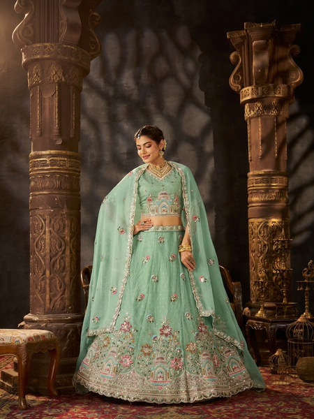 Mint Green Traditional Embroidered Moss Butti Lehenga