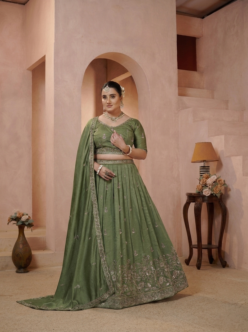 Olive Green Vichitra Ethnic Embroidered Lehenga Set