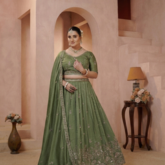 Olive Green Vichitra Ethnic Embroidered Lehenga Set