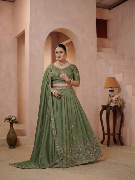 Olive Green Vichitra Ethnic Embroidered Lehenga Set