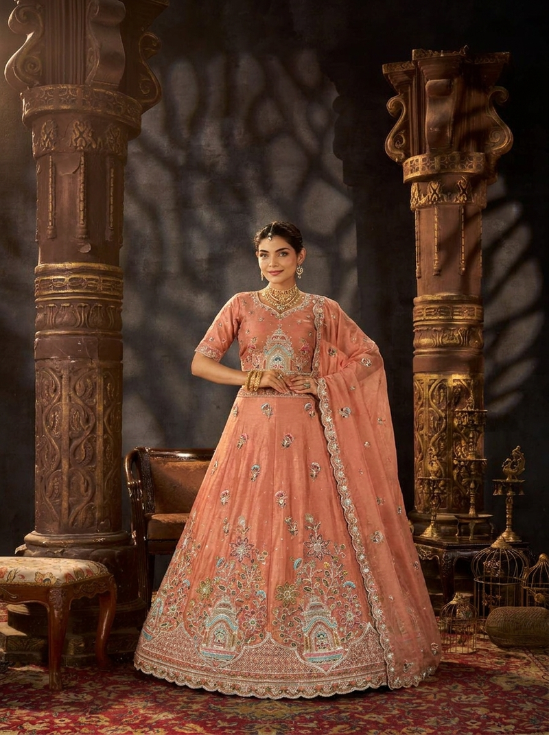 Peach Festive Moss Butti Embroidered Lehenga Choli
