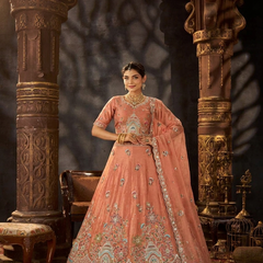Peach Festive Moss Butti Embroidered Lehenga Choli
