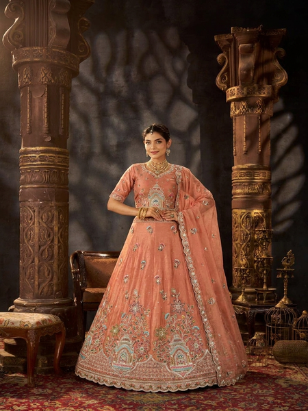 Peach Festive Moss Butti Embroidered Lehenga Choli