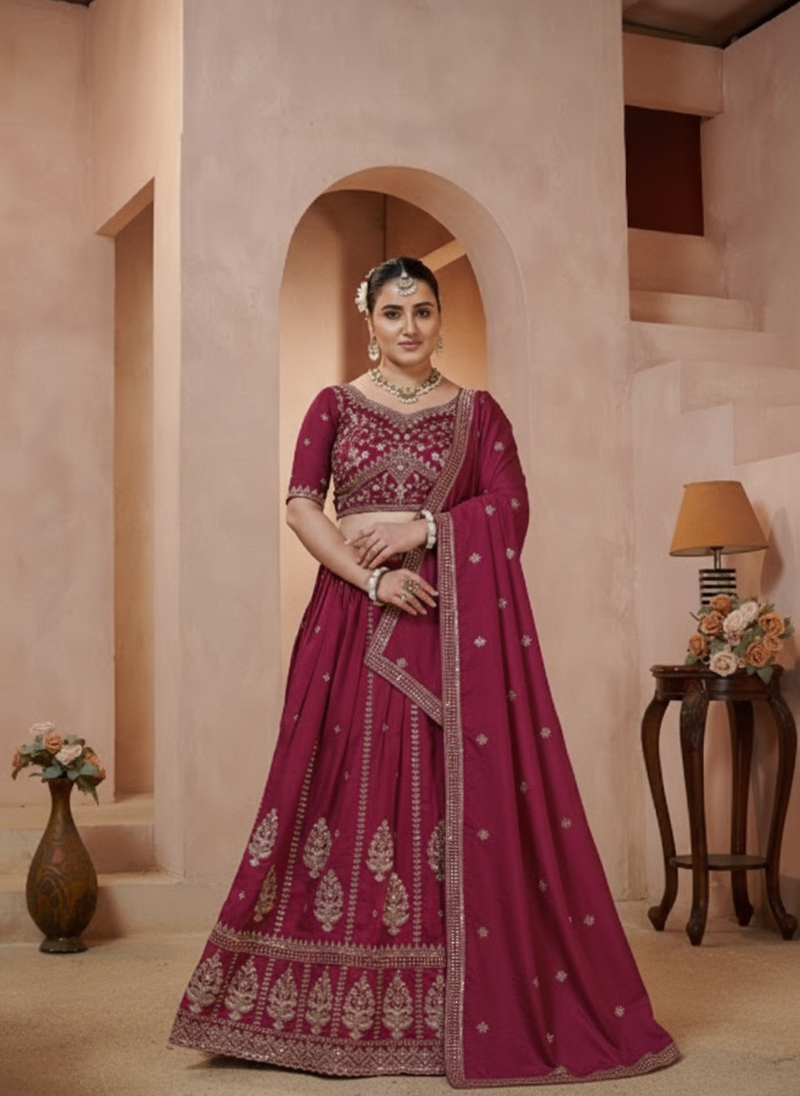 Rani Pink Wedding Wear Vichitra Lehenga