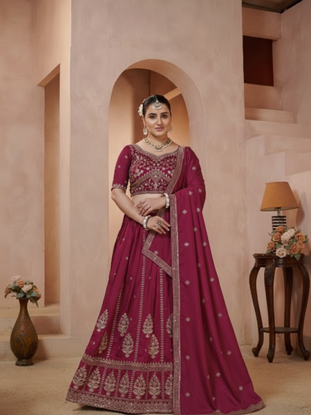 Rani Pink Wedding Wear Vichitra Lehenga