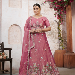 Pink Moss Silk Occasion Wear Embroidered Lehenga