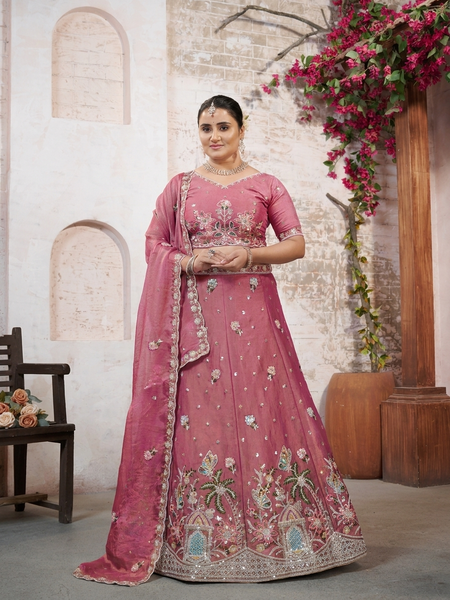 Pink Moss Silk Occasion Wear Embroidered Lehenga