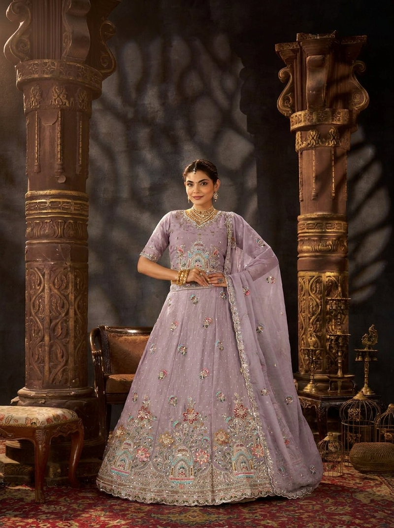 Peach Festive Moss Butti Embroidered Lehenga Choli