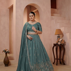 Teal Blue Vichitra Embroidered Occasion Lehenga Choli