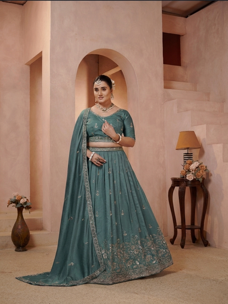Teal Blue Vichitra Embroidered Occasion Lehenga Choli