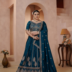Teal Blue Festive Vichitra Embroidered Lehenga Set