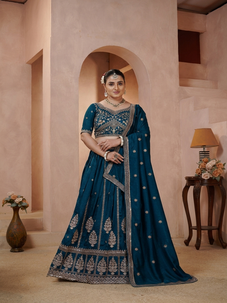 Teal Blue Festive Vichitra Embroidered Lehenga Set