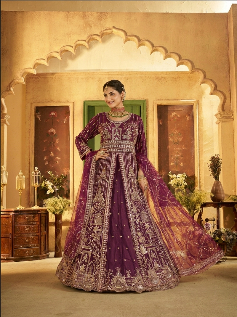 Firozi Contemporary Ethnic Embroidered Satin Lehenga