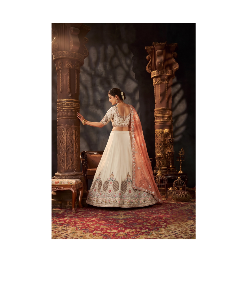Peach Festive Moss Butti Embroidery Lehenga Set
