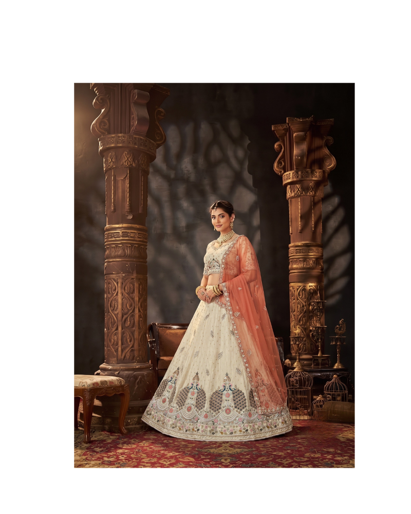 Peach Festive Moss Butti Embroidery Lehenga Set