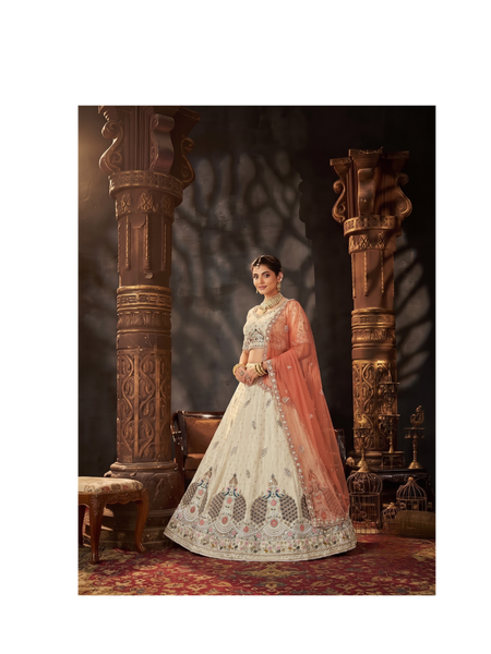 White Designer Moss Butti Embroidered Lehenga Choli