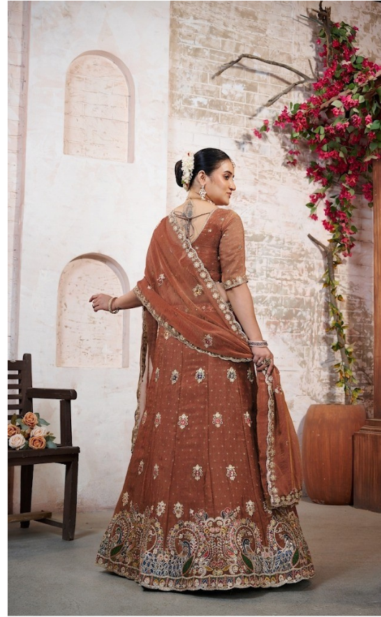 Peach Wedding Wear Moss Butti Embroidered Lehenga Choli