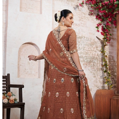 Peach Wedding Wear Moss Butti Embroidered Lehenga Choli