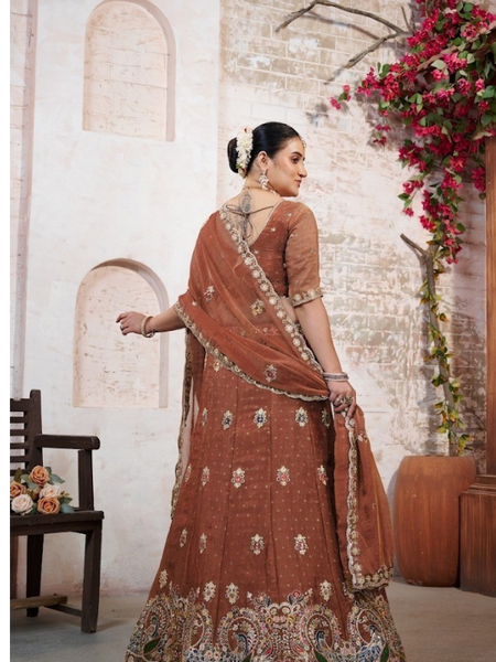 Peach Wedding Wear Moss Butti Embroidered Lehenga Choli