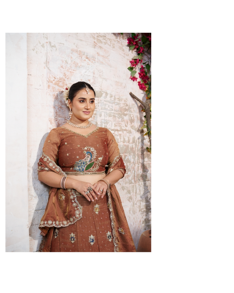 Peach Wedding Wear Moss Butti Embroidered Lehenga Choli