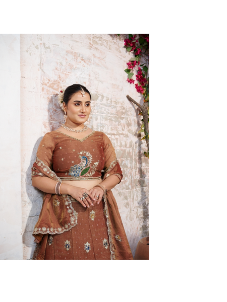 Peach Wedding Wear Moss Butti Embroidered Lehenga Choli