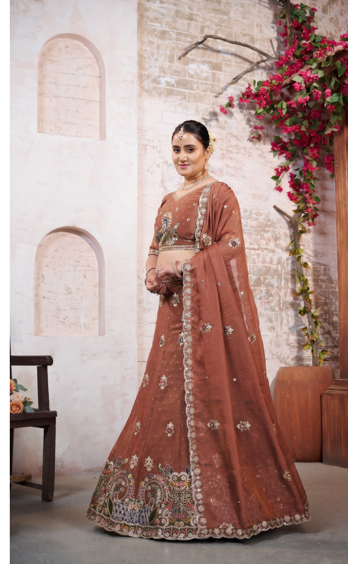Peach Wedding Wear Moss Butti Embroidered Lehenga Choli