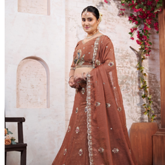 Peach Wedding Wear Moss Butti Embroidered Lehenga Choli