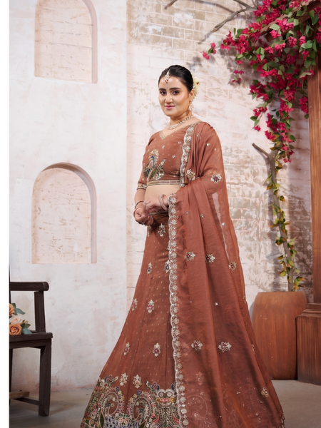 Peach Wedding Wear Moss Butti Embroidered Lehenga Choli