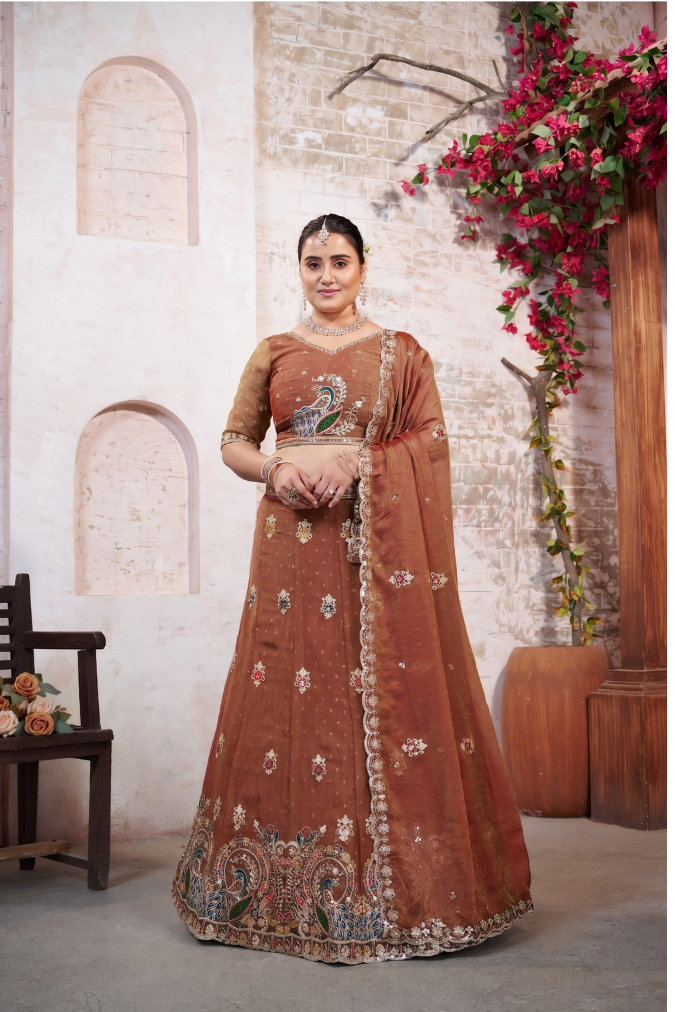 Peach Wedding Wear Moss Butti Embroidered Lehenga Choli