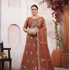 Peach Wedding Wear Moss Butti Embroidered Lehenga Choli