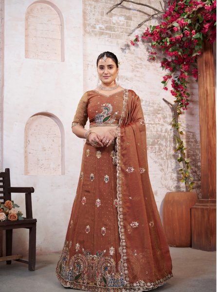 Peach Wedding Wear Moss Butti Embroidered Lehenga Choli