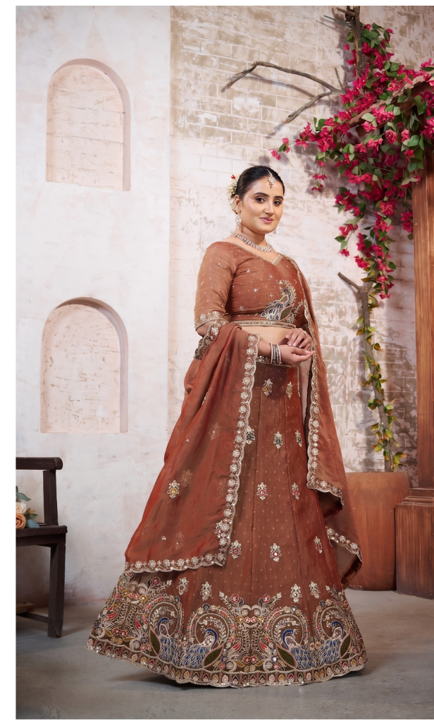 Peach Wedding Wear Moss Butti Embroidered Lehenga Choli