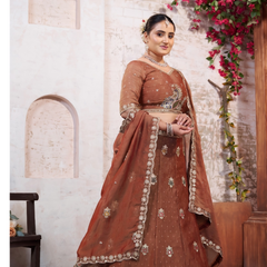 Peach Wedding Wear Moss Butti Embroidered Lehenga Choli