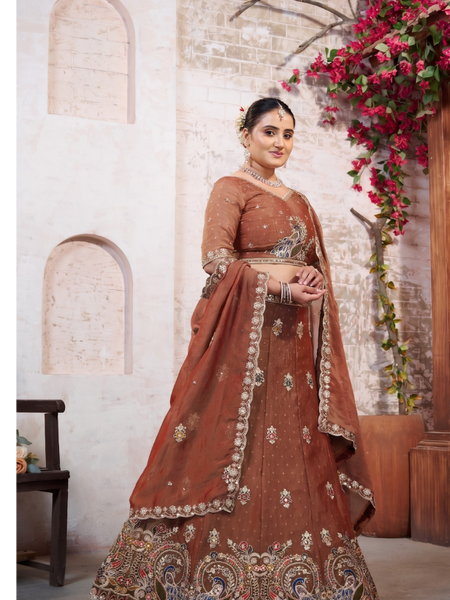 Peach Wedding Wear Moss Butti Embroidered Lehenga Choli