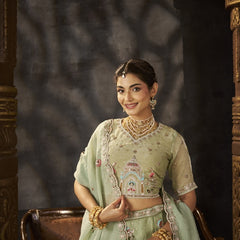 Peach Festive Moss Butti Embroidered Lehenga Choli