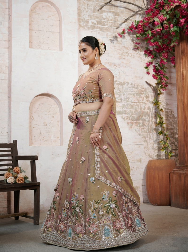 Copper Brown Embroidered Moss Silk Ethnic Lehenga Set