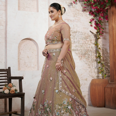 Copper Brown Embroidered Moss Silk Ethnic Lehenga Set