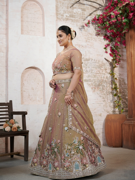 Copper Brown Embroidered Moss Silk Ethnic Lehenga Set