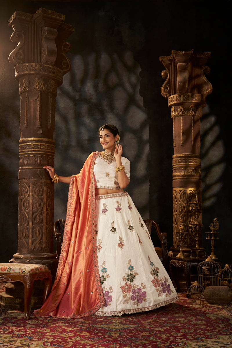 White Wedding Wear Sindoor Satin Embroidered Lehenga Choli