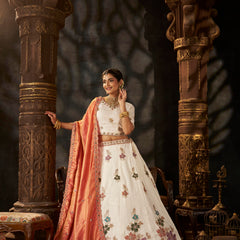 White Wedding Wear Sindoor Satin Embroidered Lehenga Choli