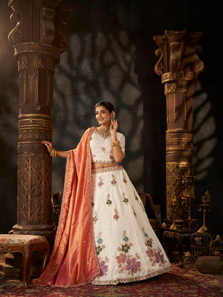 White Wedding Wear Sindoor Satin Embroidered Lehenga Choli